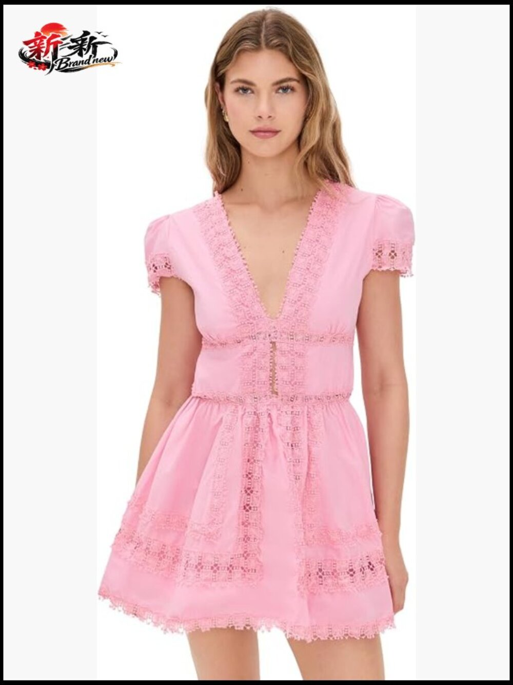 Cotton Mini Dress V-Neck Puff Sleeve Lace Trim